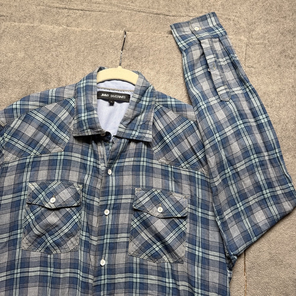 Jimmy Taverniti Shirt Mens L Blue Plaid‎ Button Up Long Sleeve Double Pocket